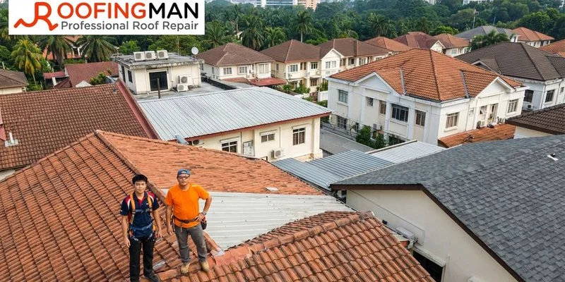 Aerial view of Malaysian residential neighbourhood showing homes with different roofing material types installed