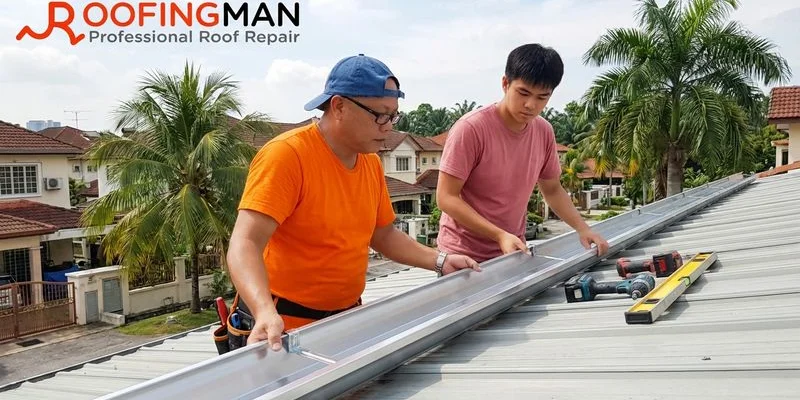 Aluminium seamless gutter installation showing clean metallic finish along Malaysian home roofline