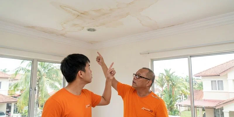 Ceiling showing discolouration and water stain marks from a slow roof leak