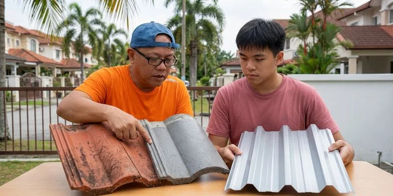 Close-up comparison of clay roof tile texture next to concrete tile and metal roofing sheet samples