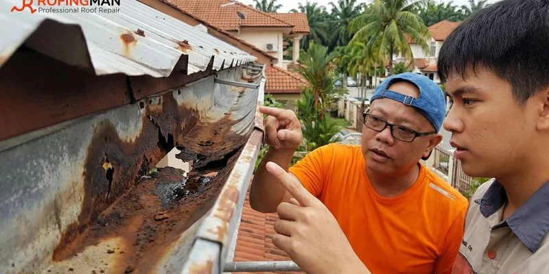 Close-up of rusted and corroded metal gutter with visible holes and water damage stains