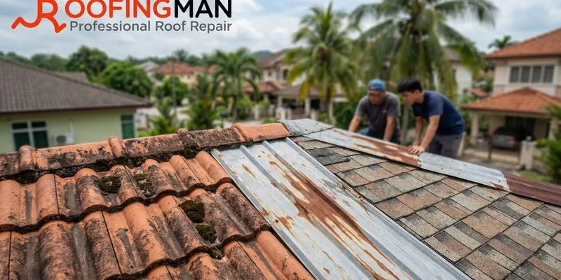 Close-up showing weathering effects on different roofing materials exposed to harsh Malaysian tropical climate