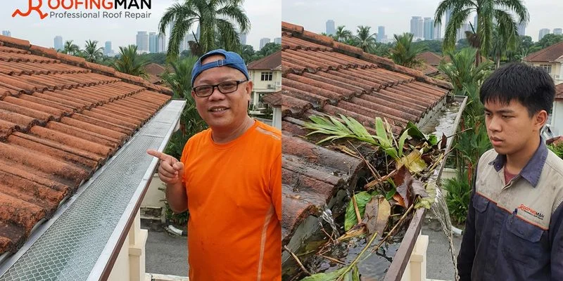Comparison of clean gutter with guard installed versus clogged gutter full of tropical leaves