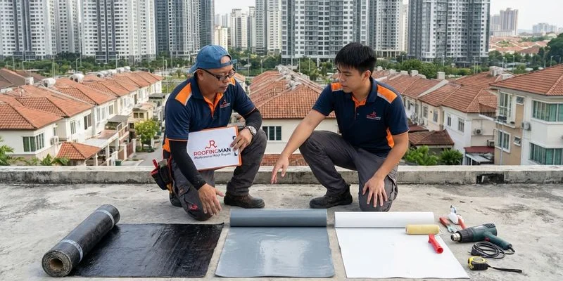 Comparison of different waterproofing membrane types laid out on a Malaysian building rooftop surface