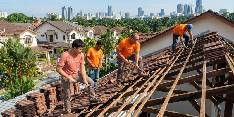 Construction crew removing old roof tiles and preparing timber structure for new roof installation work