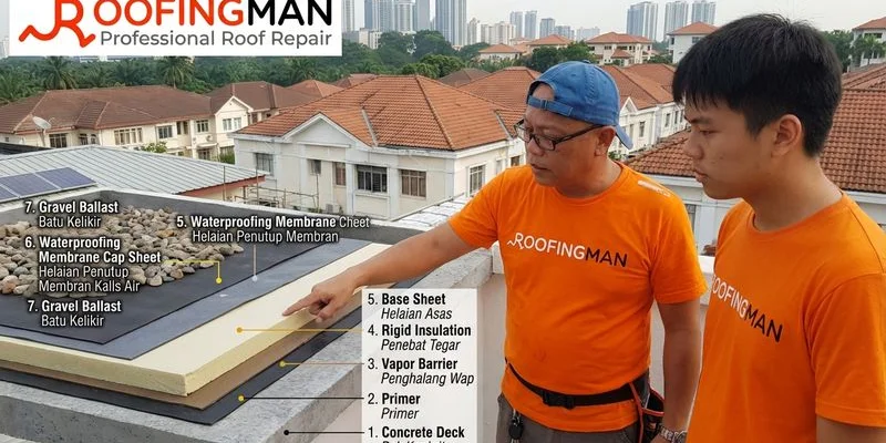 Cross-section diagram showing layers of a properly waterproofed flat roof system