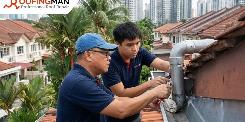 Gutter maintenance professional inspecting downpipe connections on a residential rooftop in Malaysia