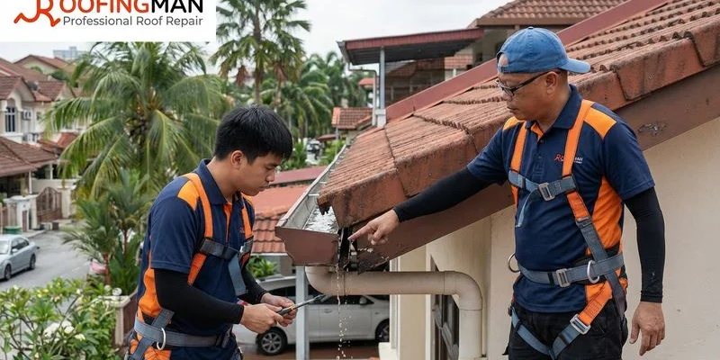 Gutter system with visible gaps and separation at joint connections causing water leakage