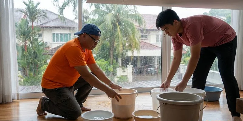 Homeowner placing containers under multiple drip points during an active roof leak