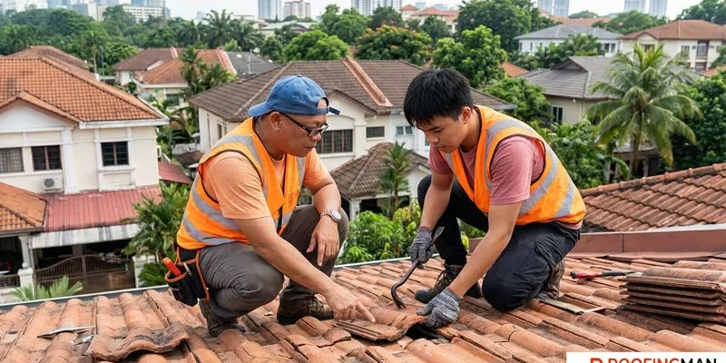 Inspector examining damaged roof tiles for signs of cracking and displacement
