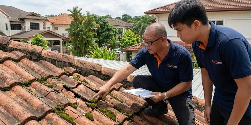 Inspector examining severely deteriorated roof tiles with visible cracks and moss growth on Malaysian house