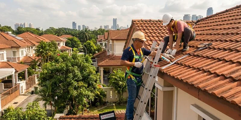 Person standing on a ladder near a roof with safety gear and repair tools