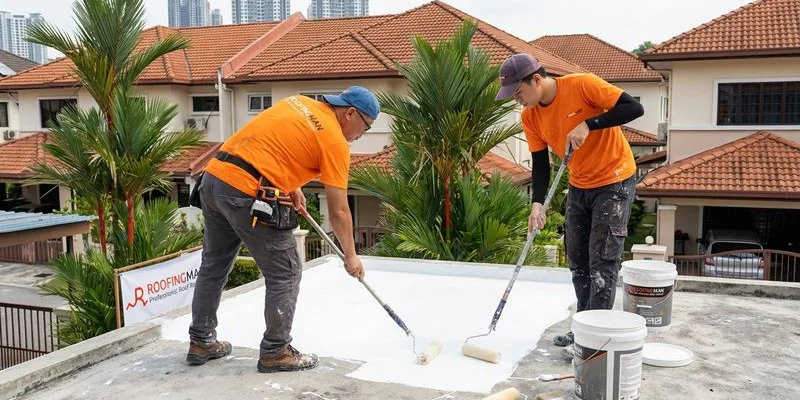 Professional roofer applying liquid waterproofing coating on a flat concrete roof in Malaysia