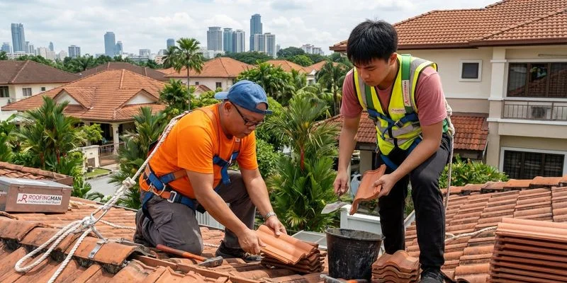 Professional roofer working on tile replacement with proper safety harness equipment