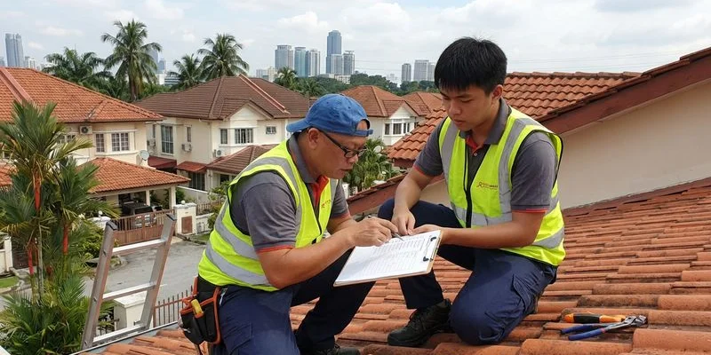 Roof inspection checklist being performed on Malaysian residential property before monsoon season