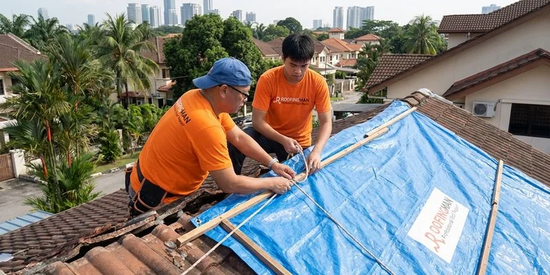 Tarpaulin covering damaged section of roof as temporary emergency protection