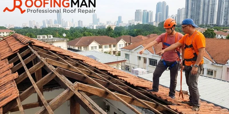 Visible sagging and structural deformation in an aging roof structure needing complete replacement work