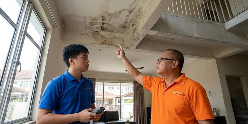 Water stain damage visible on ceiling underneath a balcony in a Malaysian terrace house home