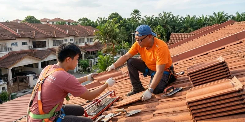 Workers replacing damaged roof tiles on a Malaysian terrace house