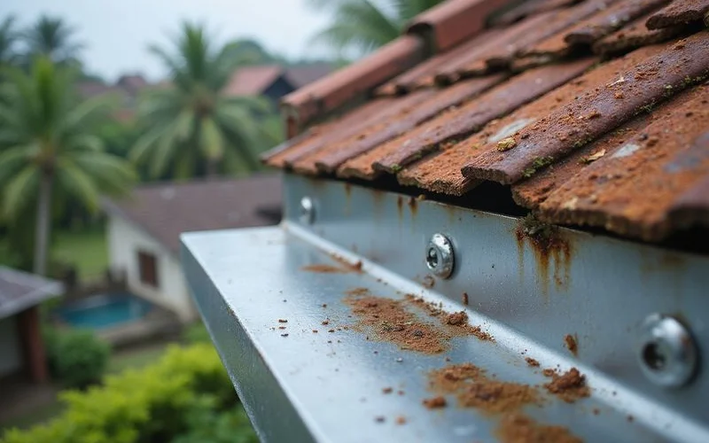Close up of a metal roof flashing strip near a chimney showing rust loose screws and gaps where water can enter during heavy rain