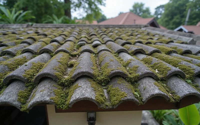 Wide ground level view of a Malaysian double storey home roof with concrete tiles and visible moss algae growth across shaded sections